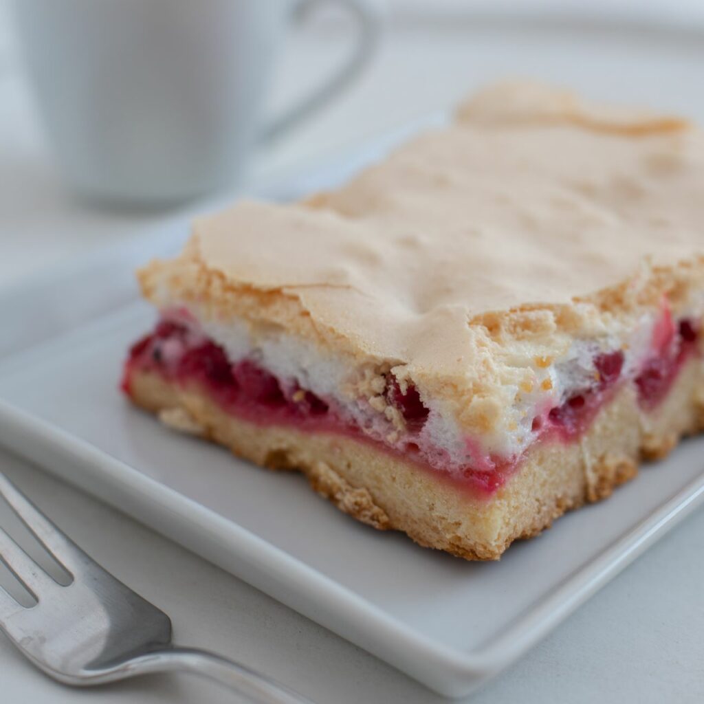 Rebarborový koláč s pusinkami z podnosu se podává na bílém talíři.